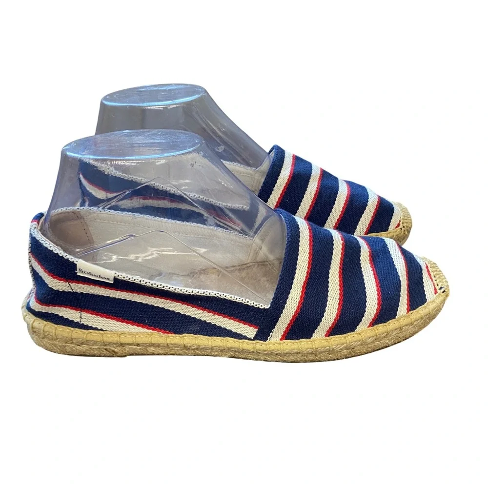 Soludos Womens Nautical Striped Canvas Espadrille‎ Flats Navy Blue Red White 8